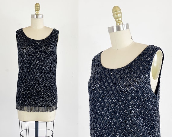 1960s Beaded Top - 60s Sequin Top - Black Sequin … - image 1