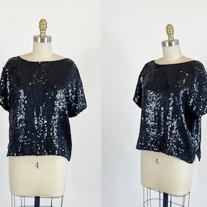 1980s Sequin Top - Black Sequin Crop Top - Sequin Crop Top - Size Small - Large