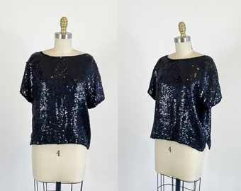 1980s Sequin Top - Black Sequin Crop Top - Sequin Crop Top - Size Small - Large