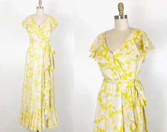 1960s Maxi Dress - 1960s Floral Dress - 1960s Hostess Gown - Size Large