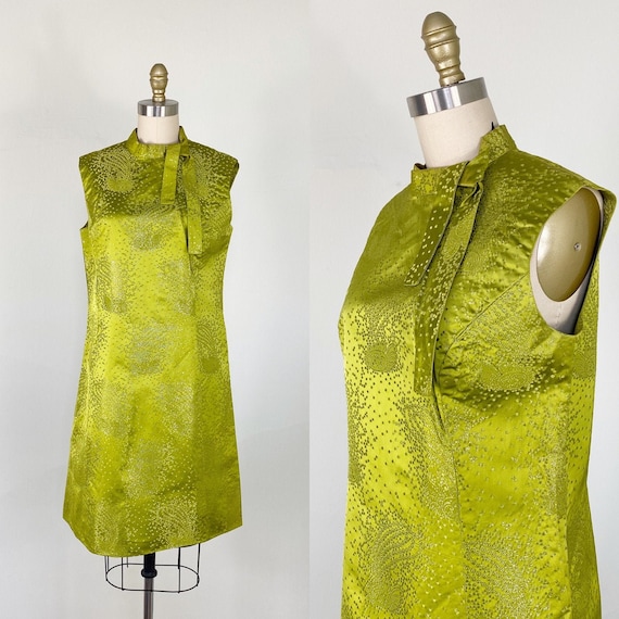 1960s dress / green and silver metallic dress / pa