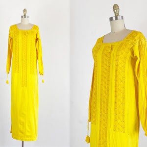 1970s Dress / Yellow Floral Maxi Dress / Bohemian Dress / Size medium - Large