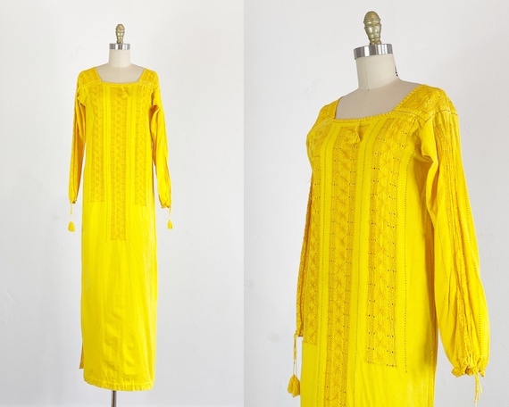 1970s Dress / Yellow Floral Maxi Dress / Bohemian… - image 1