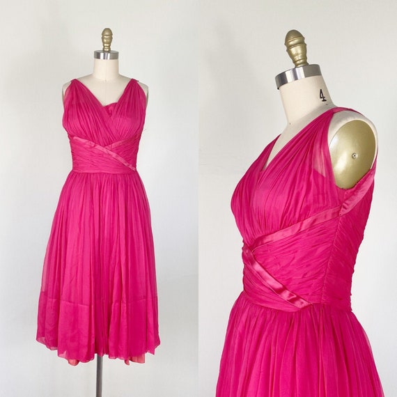 1950s Party Dress / Cocktail Dress / Pink Chiffon