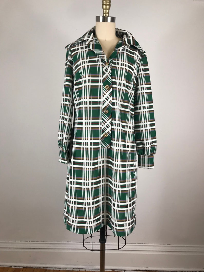 1970s dress green and white Plaid shirt dress XL