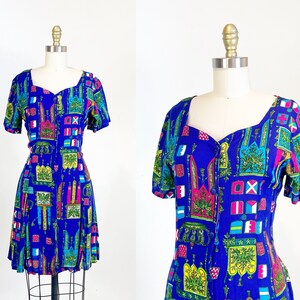 1980s day Dress Floral Dress Mini Dress Novelty Print Dress Size Medium image 1