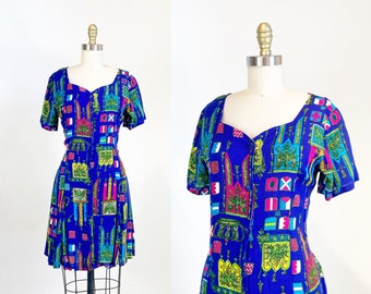 1980s day Dress - Floral Dress - Mini Dress - Novelty Print Dress - Size Medium