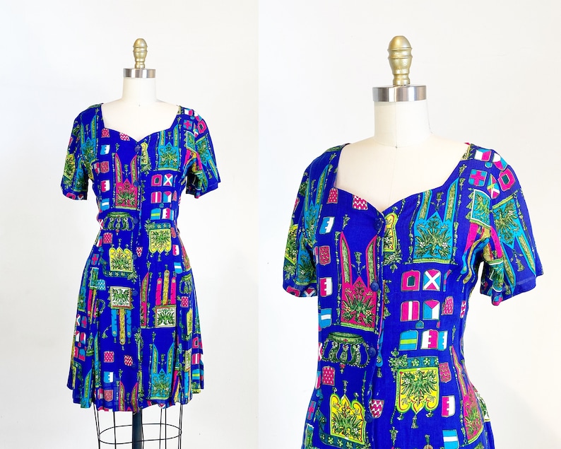 1980s day Dress Floral Dress Mini Dress Novelty Print Dress Size Medium image 1