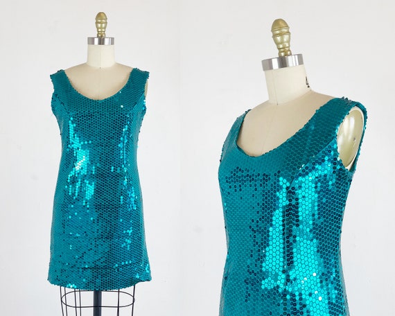 1980s Sequin Dress - Sequin Mini Dress - Turquoise
