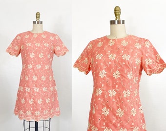 1960s Eyelet Dress - 1960s Bloemenjurk - 1960s Dagjurk - Maat Large