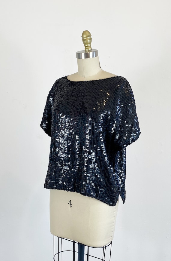 1980s Sequin Top - Black Sequin Crop Top - Sequin… - image 6