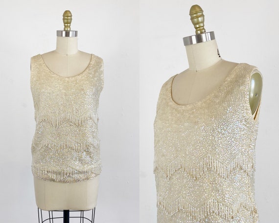 1960s Sequin Top - 60s Sequin Top - Cream Sequin T