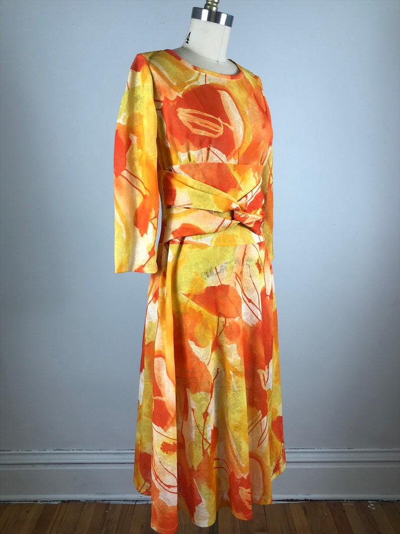 1970s dress orange and yellow abstract water color dress S