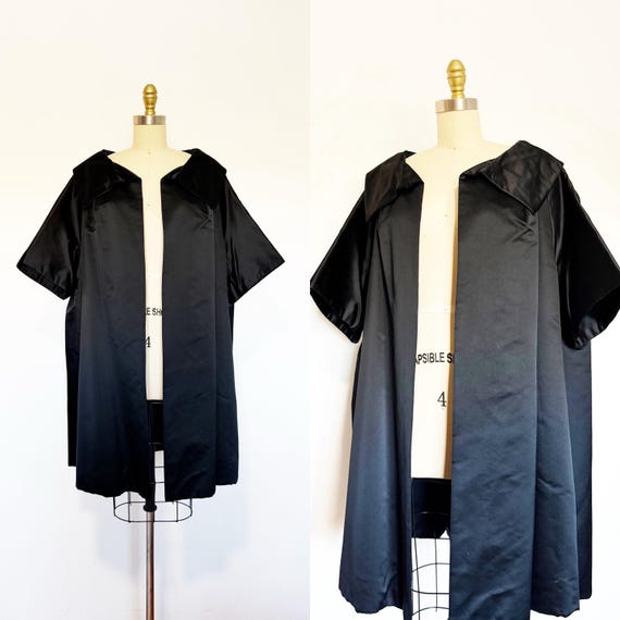 1960s Opera Coat / Black Satin Opera Coat / Swing Coat / One Size