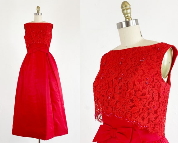 1960s Gown - 1960s Prom Dress - Red Formal Dress -