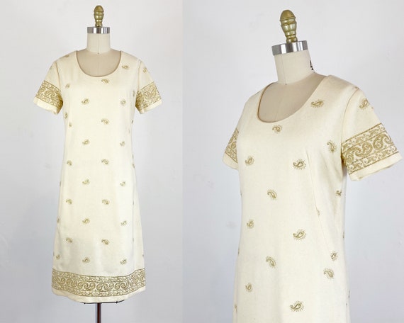 1960s Wool Dress - Cream Wool Paisley Dress - 196… - image 1