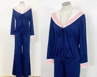 1970s Jumpsuit - 1970s Nautical Jumpsuit - Sailor Jumpsuit - Size Large