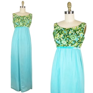 1960s Gown - 1960s Floral Gown - Chiffon Gowm - Size Small