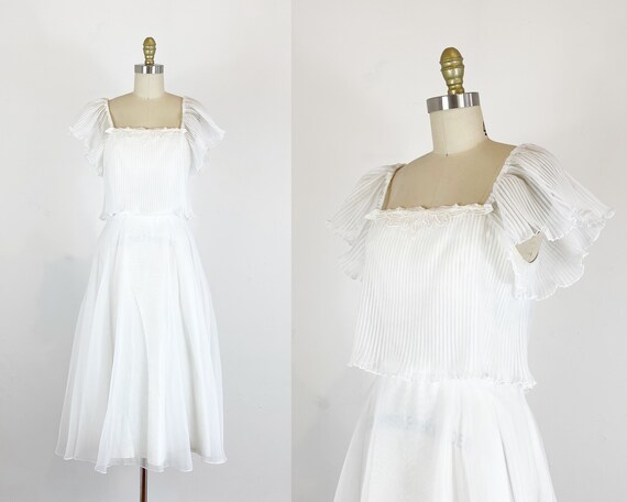 1970s Ivory Dress - Chiffon Pleated Dress - Summer