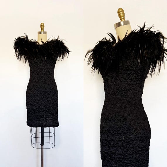 1980s Dress / 1980s Party Dress / 1980s Cocktail Dress / Feather Dress / Size Small