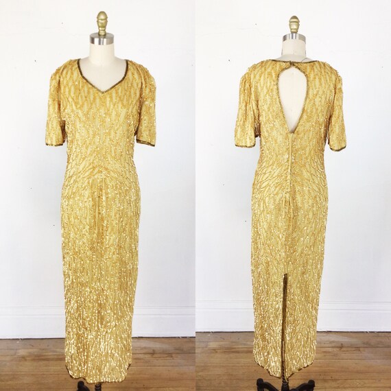 1980s gown // gold sequin gown // sequin maxi dres