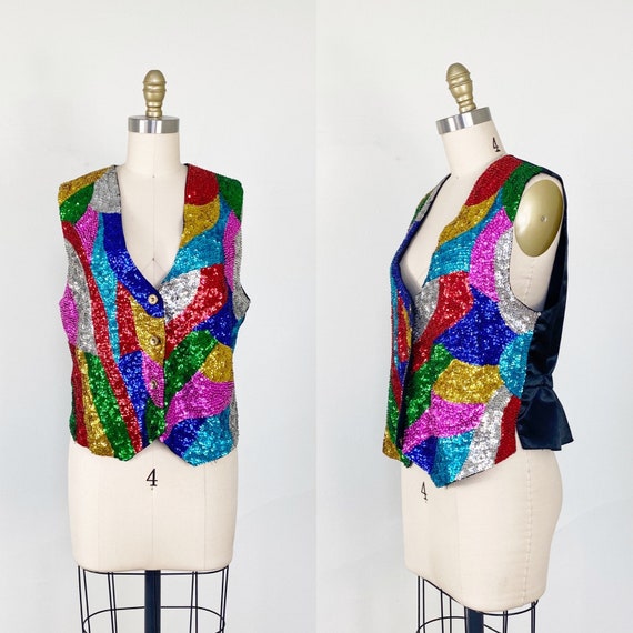 1980s Sequin Vest / Rainbow Vest / Size Medium