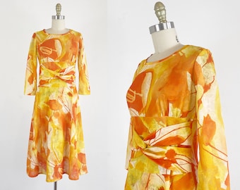 1970s Tye Dye Dress - Abstract Print Dress - 70s Sheath - Size Medium