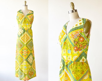 1960s Maxi Dress - 1960s Floral Maxi - 1960s Sun Dress - Size Large