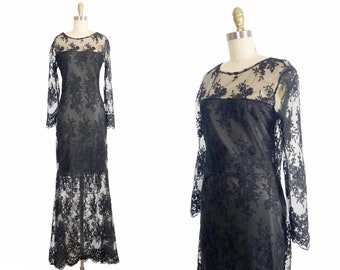 1970s Lace Dress - Black Lace Dress - Disco Dress - Studio 54 Dress - Size Large