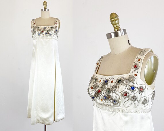 1960s Gown / White Silk Satin Gown / Empire Waist