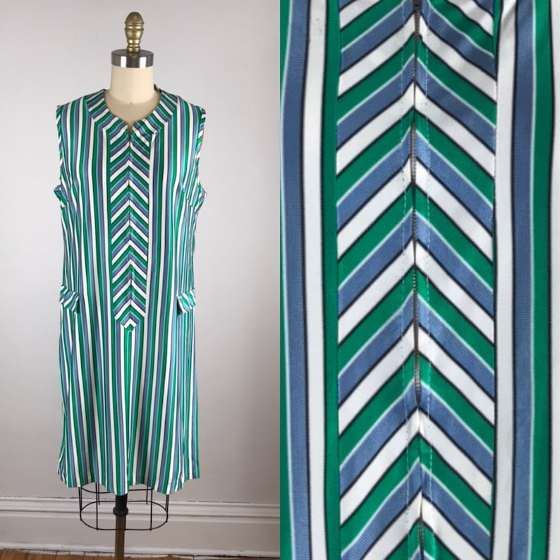 zip up pastel striped cotton day dress comfy shift dress 60s 70s retro mod blue green pink yellow stripes Helena Fashions