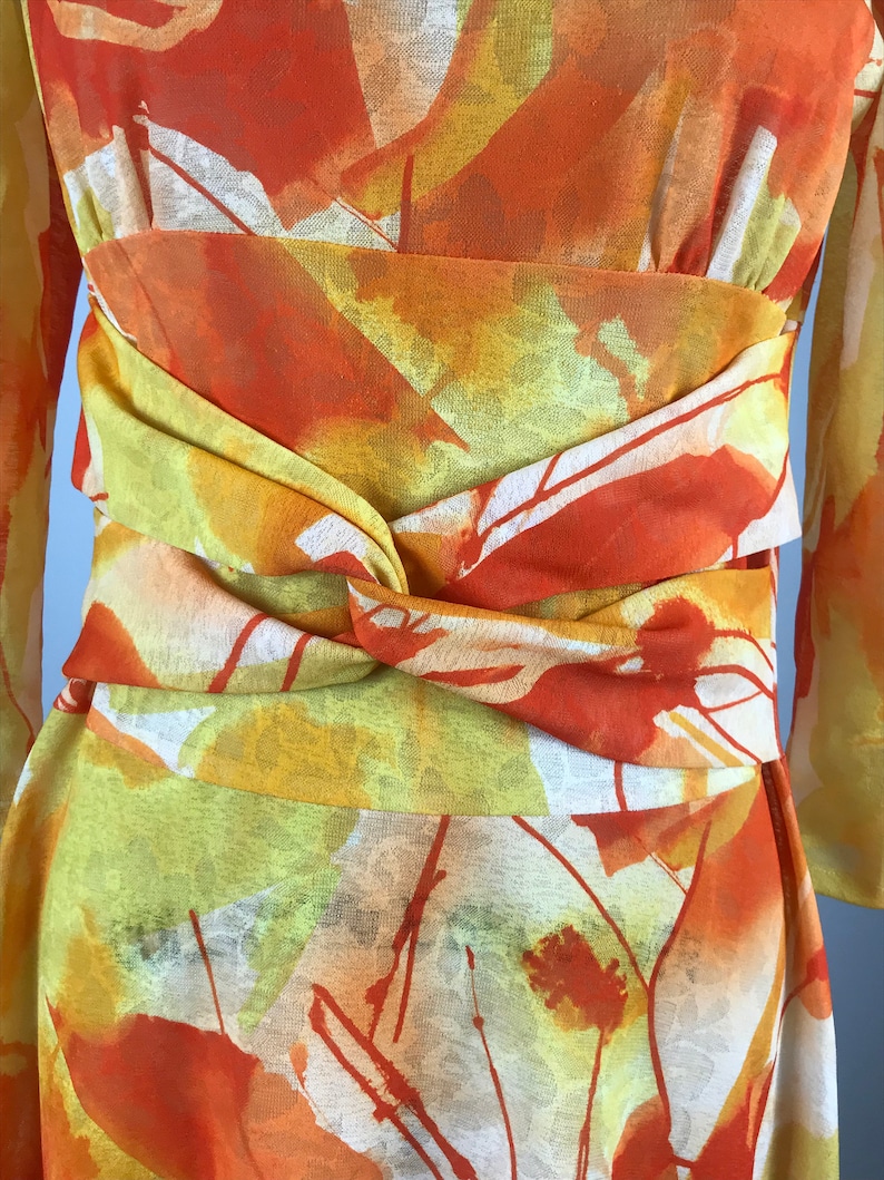 1970s dress orange and yellow abstract water color dress S