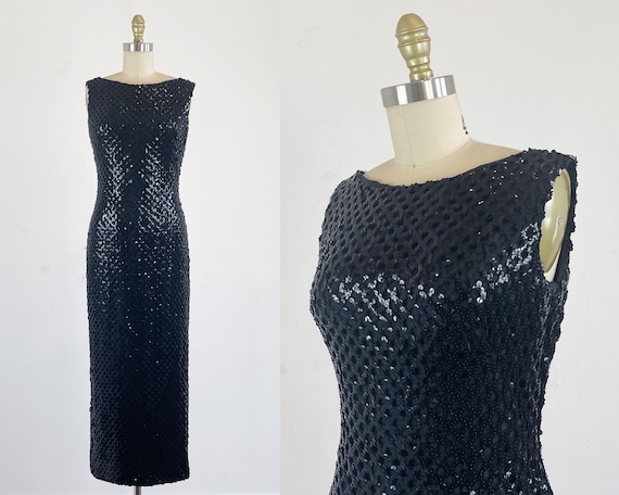 1960s Sequin Gown - Black Sequin Gown By Claralura