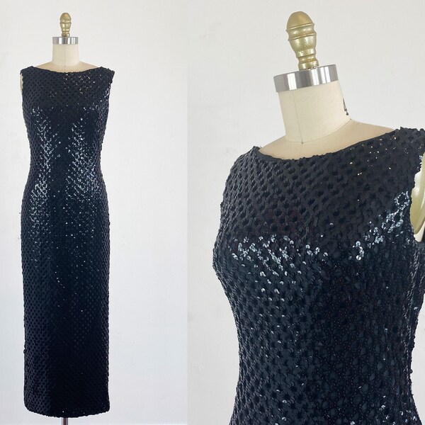 1960s Sequin Gown - Black Sequin Gown By Claralura - Sequin Wiggle Dress - Size Small