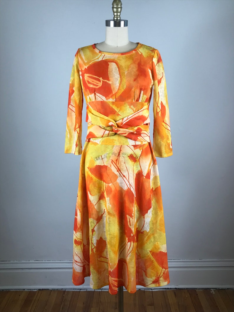 1970s dress orange and yellow abstract water color dress S
