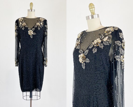 1980s Sequin Dress - Black Sequin Floral Dress - 8