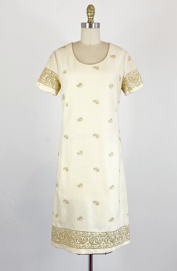 1960s Wool Dress - Cream Wool Paisley Dress - 196… - image 2