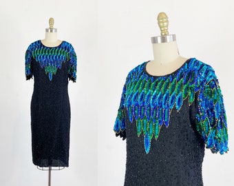 1980s Sequin Dress - 80s Party Dress - 1980s Beaded And Sequin Dress - Size Large