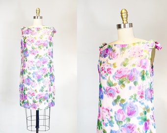 1960s Chiffon Dress - 1960s Floral Dress - 1960s Party Dress - Size Medium - Large