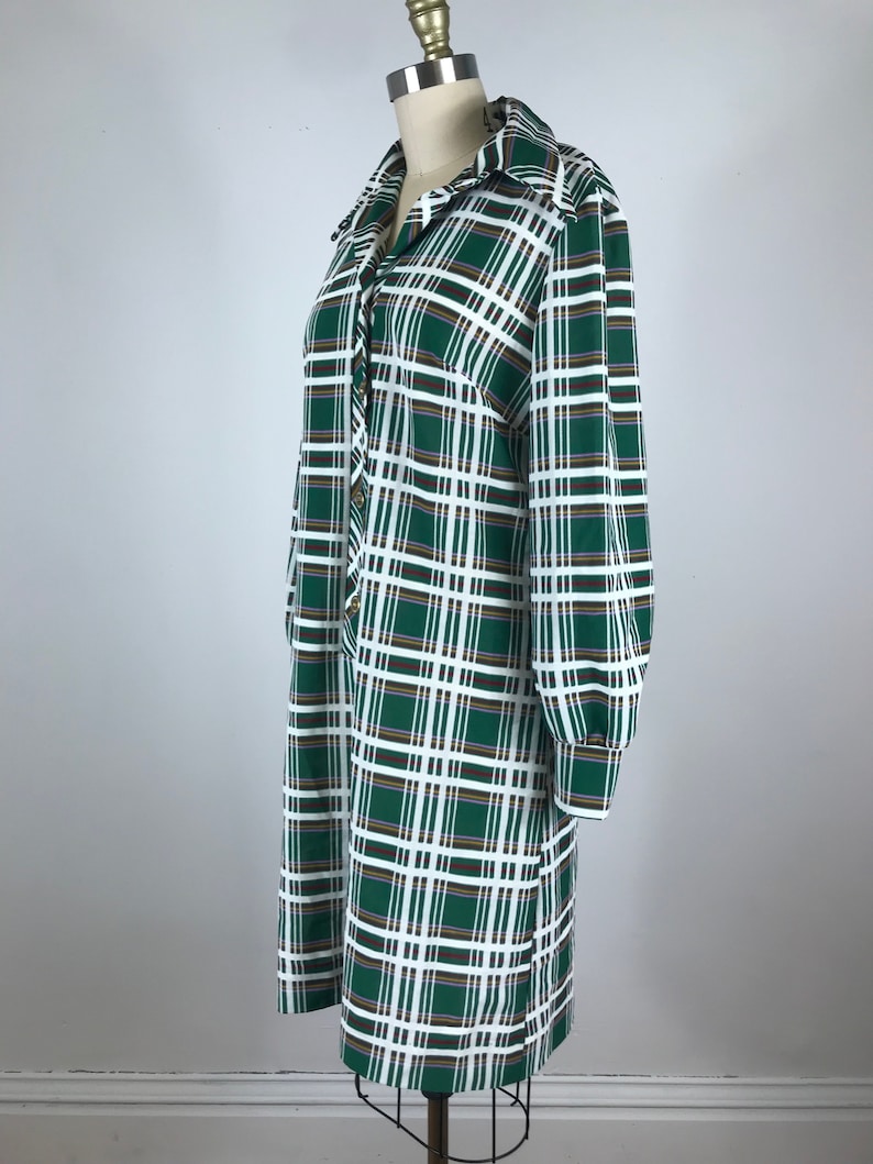 1970s dress green and white Plaid shirt dress XL