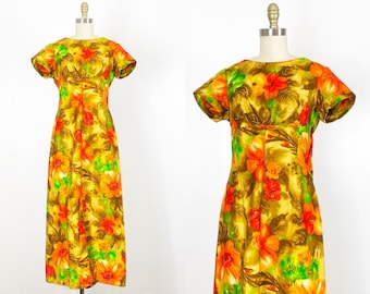 1960s Hawaiian Dress - 1960s Floral Dress - 1960s Hawaiian Maxi Dress - Size Medium - Large