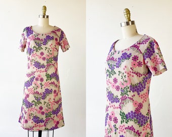 1960s Mod Dress - 60s Floral Dress - 1960s Garden Party Dress - Size Large