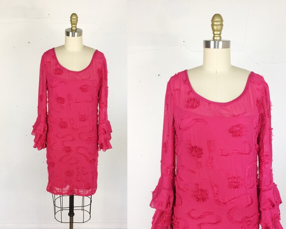 1990s dress // hot pink ruffle mini dress // Small