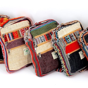 Bolso bandolera de cáñamo Himalaya Gheri Mix con cinco bolsillos, diseño exclusivo, bolso bohemio, bolso de mano, bolso bandolera, producto ecológico