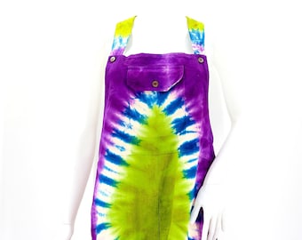 May include: Purple and green tie-dye overalls with a single front pocket and adjustable straps.