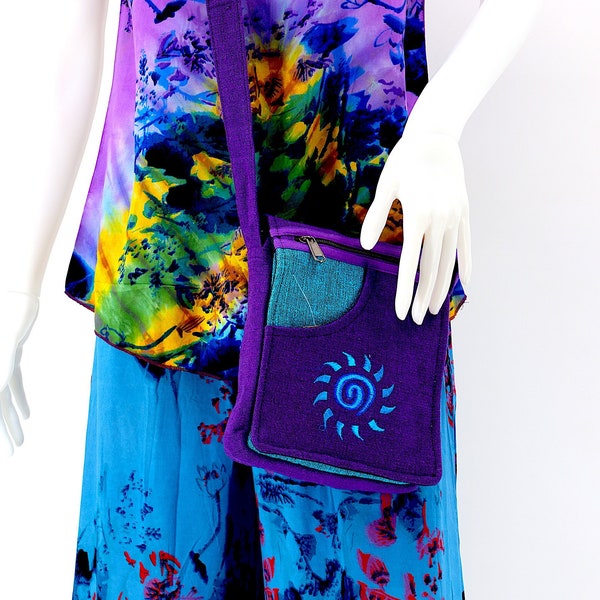 Unique designed Himalaya Cotton Sun Embroidered Purple Colored Passport Crossbody Bag, Hippie Bag, Boho Bag, Eco-Friendly Crossbody Bag
