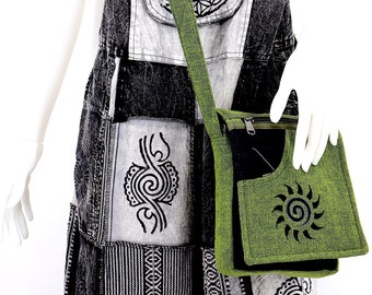 Unique designed Himalaya Cotton Sun Embroidered Camo Green Colored Passport Crossbody Bag, Hippie Bag, Boho Bag, Eco-Friendly Crossbody Bag