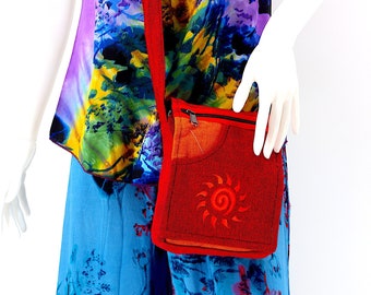 Unique designed Himalaya Cotton Sun Embroidered Red Colored Passport Crossbody Bag, Hippie Bag, Boho Bag, Eco-Friendly Crossbody Bag