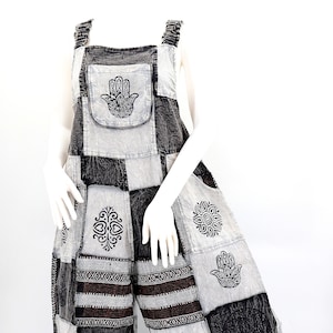 Handmade Cotton Patchwork Overalls Black & Grey Wide Leg Jumpsuit
