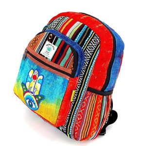 Mini sac à dos unique Himalaya chanvre Hamsa brodé à la main tie-dye, sac à dos hippie, sac à dos bohème, sac à dos respectueux de l'environnement